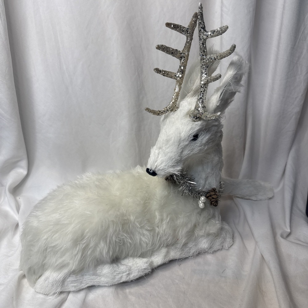 White Faux Fur Resting Deer  Sparkle Antlers Christmas Woodland Whimsy Rustic